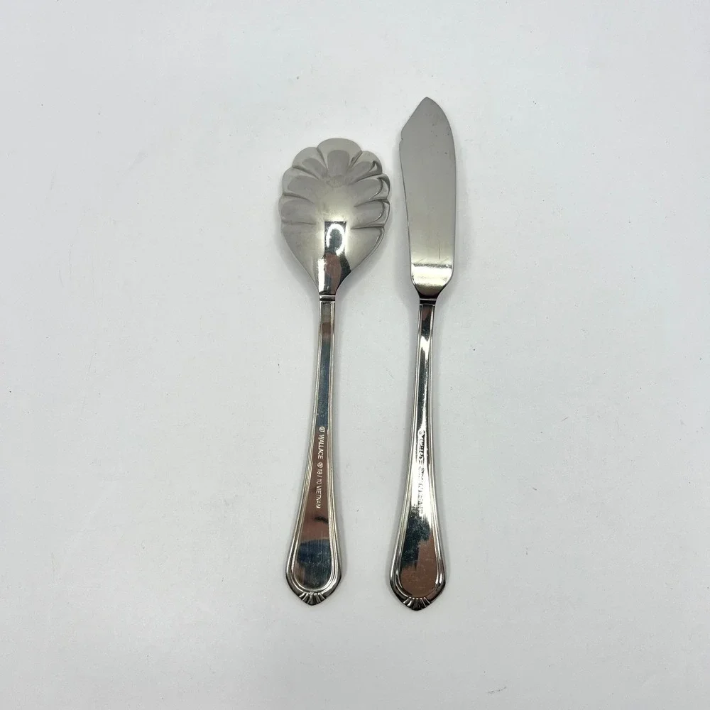 Wallace Silver Chatham Bead Sugar Shell Spoon and Butter Spreader Set Stainless